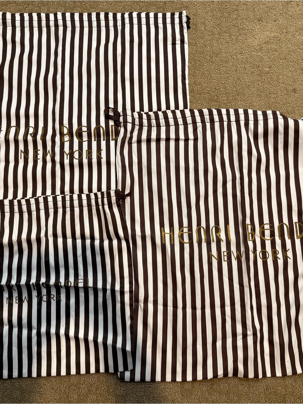 HTF Henri Bendel Brown and White Striped Cosmetic Dust Bags with Gold Logo